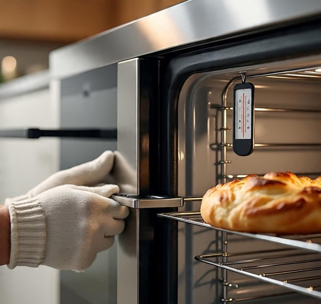 Hands near an oven door, showing a pastry inside and a visible analog oven thermometer clipped to the rack.